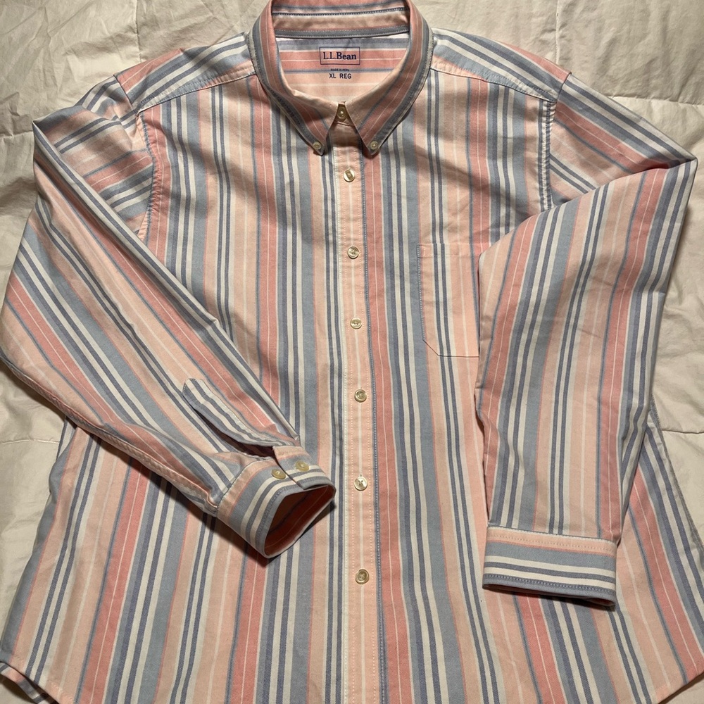 L.L. Bean Men's Cotton Striped Shirt - Pink and Blue